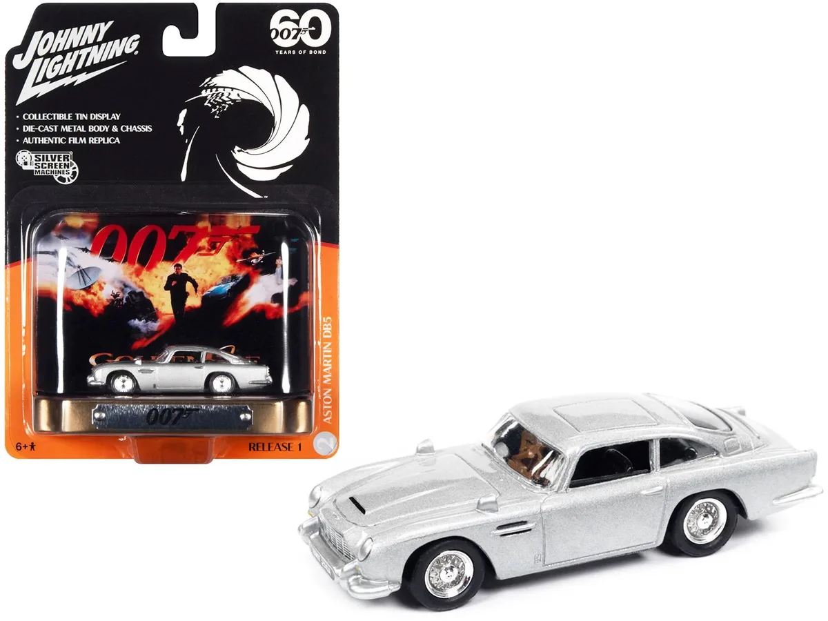 JOHNNY LIGHTNING JOHNNY LIGHTNING Aston Martin DB5 RHD Silver Metallic 1/64 GoldenEye 1995 Tin Display hobby collectible — product photo