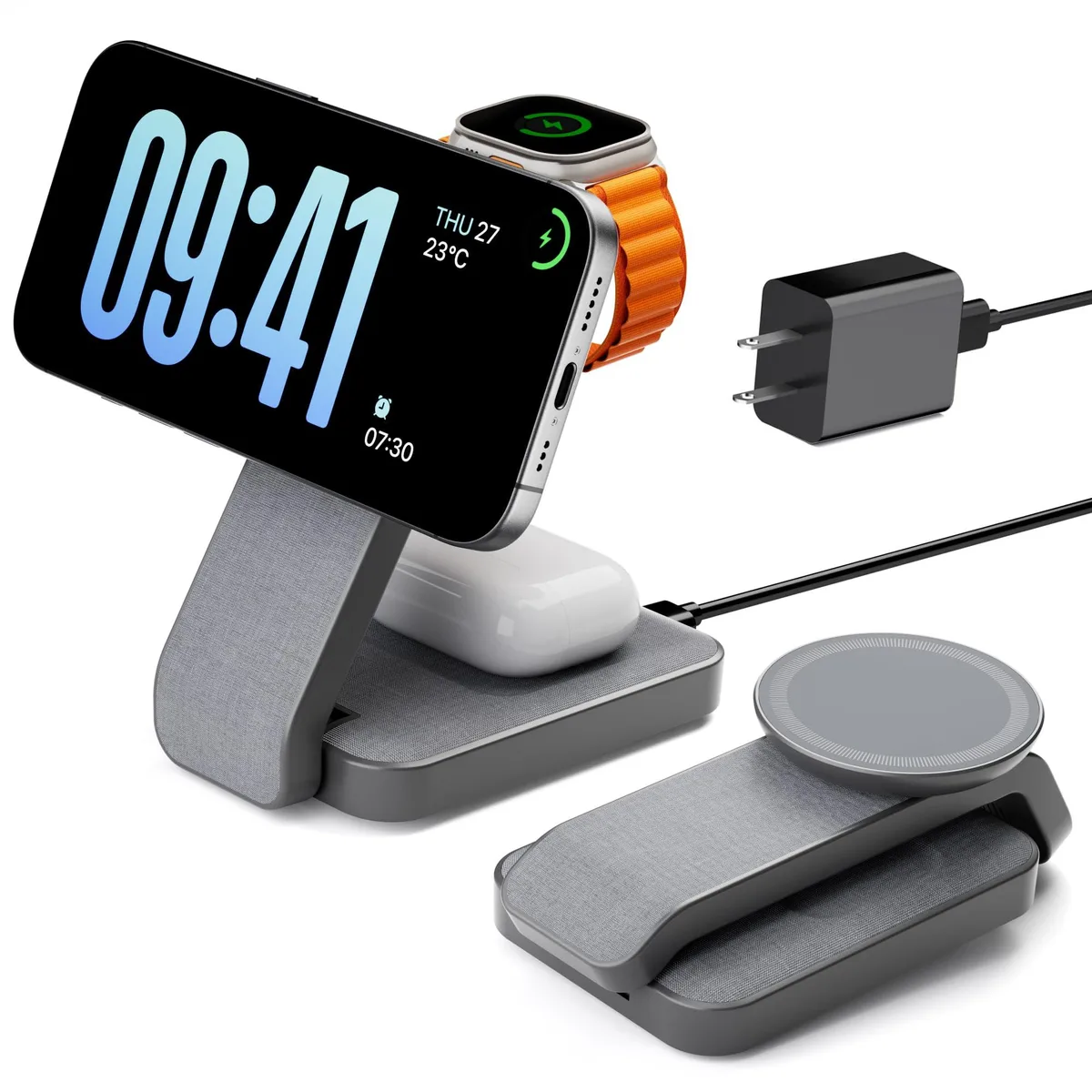 Gray foldable 3-in-1 wireless charging stand for iPhone, Apple Watch and AirPods