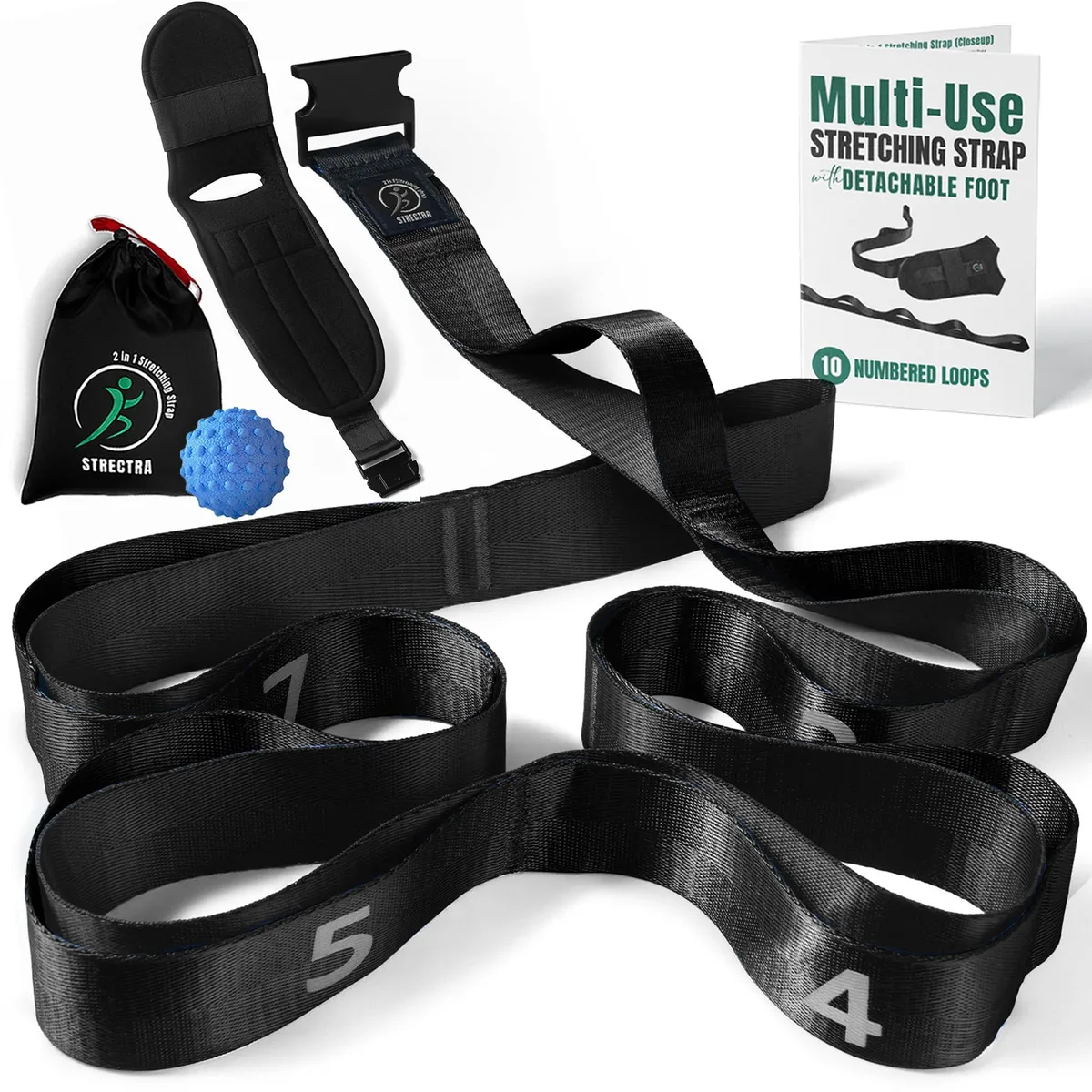 Black nylon stretch strap with ten loops and detachable foot stretcher, small size