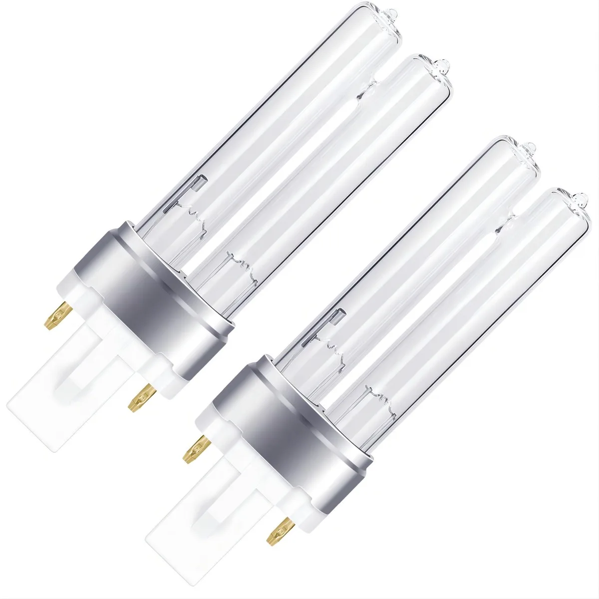 Two tubular UV bulbs with G23 bases, blue glow, sold as a pair