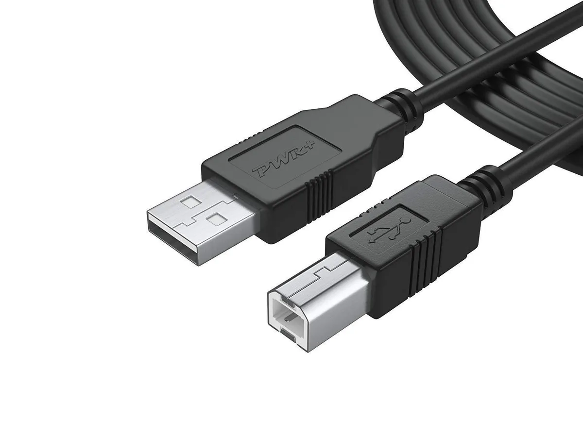 Black 25 ft USB 2.0 Type-A to Type-B cable with rubber jacket