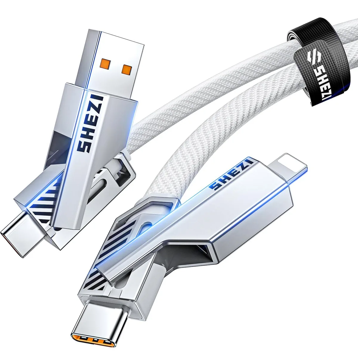 Flat orange 4-in-1 USB-C cable with multiple connectors, 3 ft long