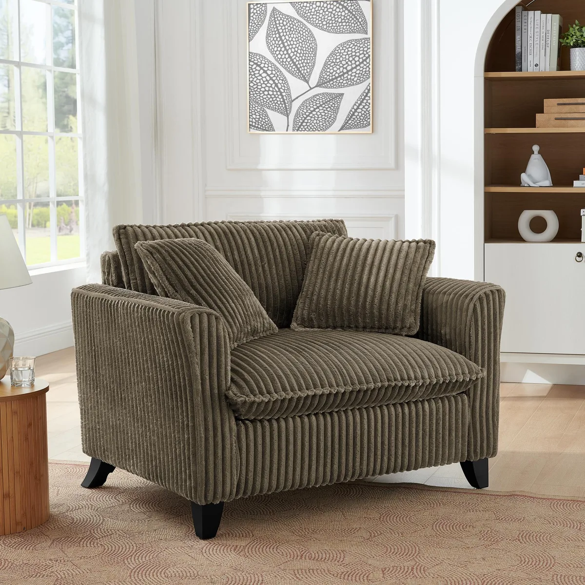 Brown corduroy single armchair with tufted backrest and seat cushion