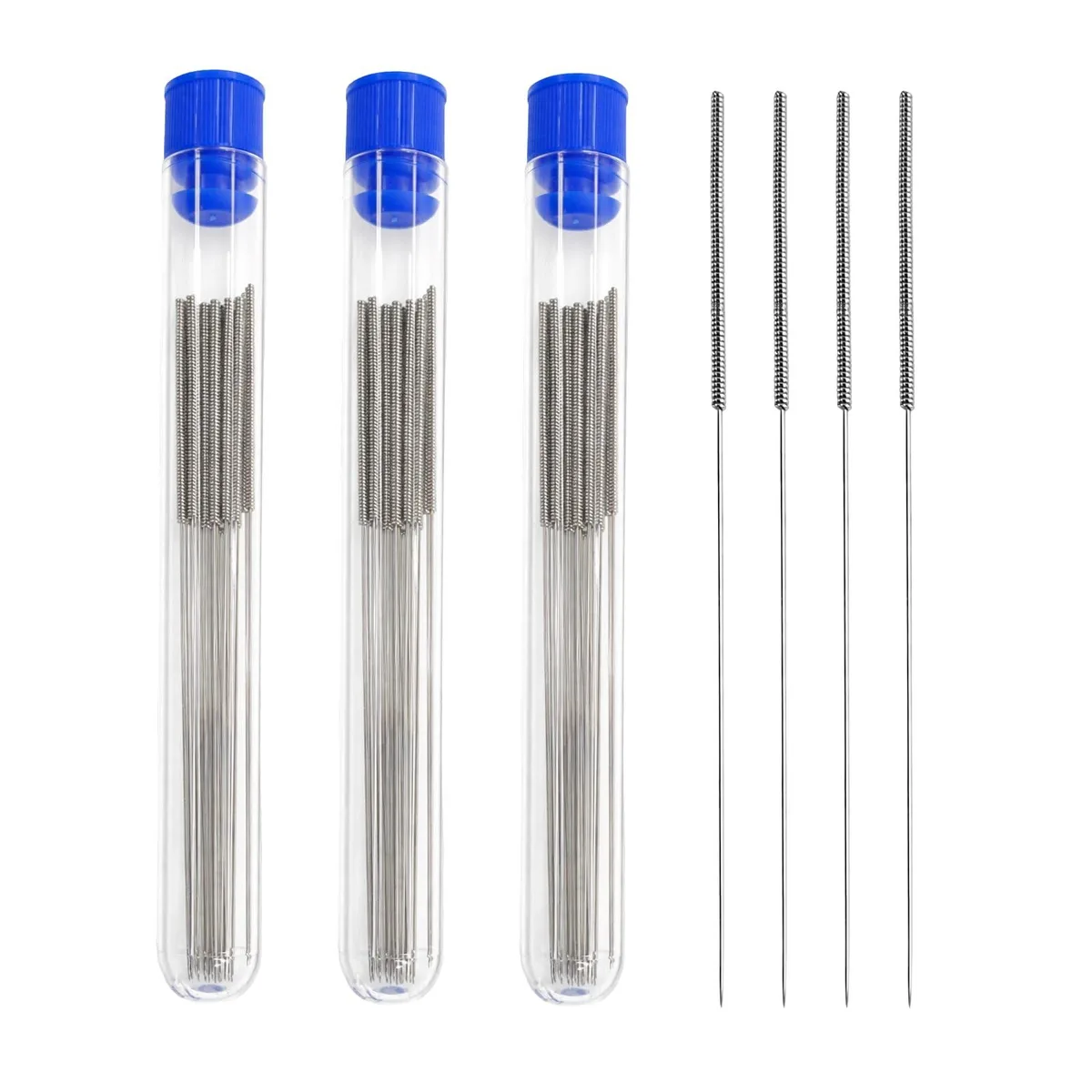 A set of 60 stainless steel 0.4mm cleaning needles in three bottles with ergonomic handles