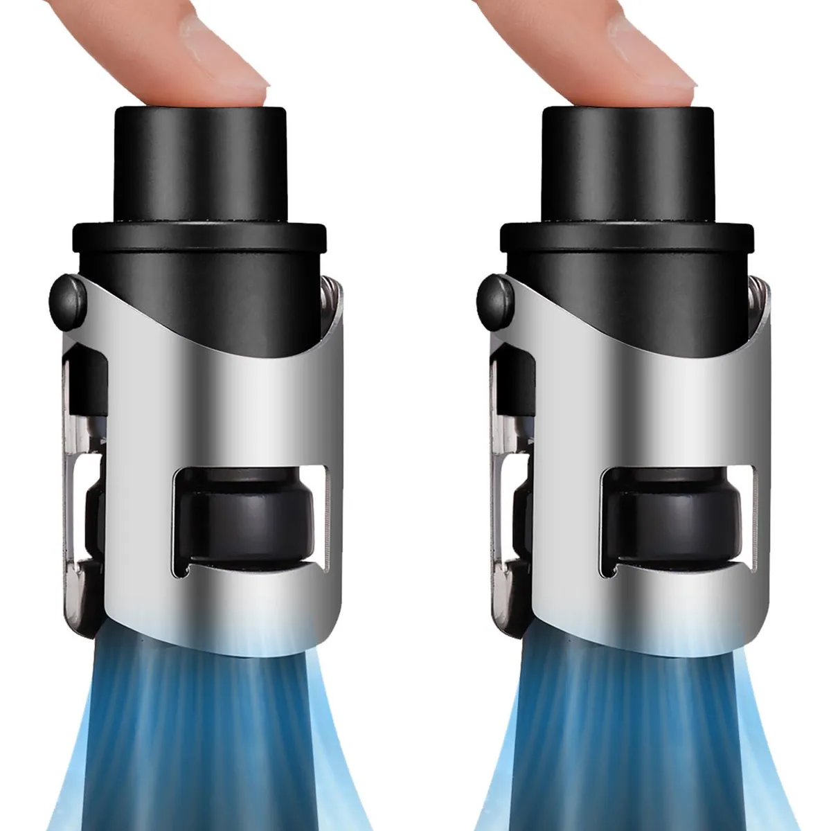 Two black stainless steel champagne stoppers with built-in pump buttons and flip-down locking wings