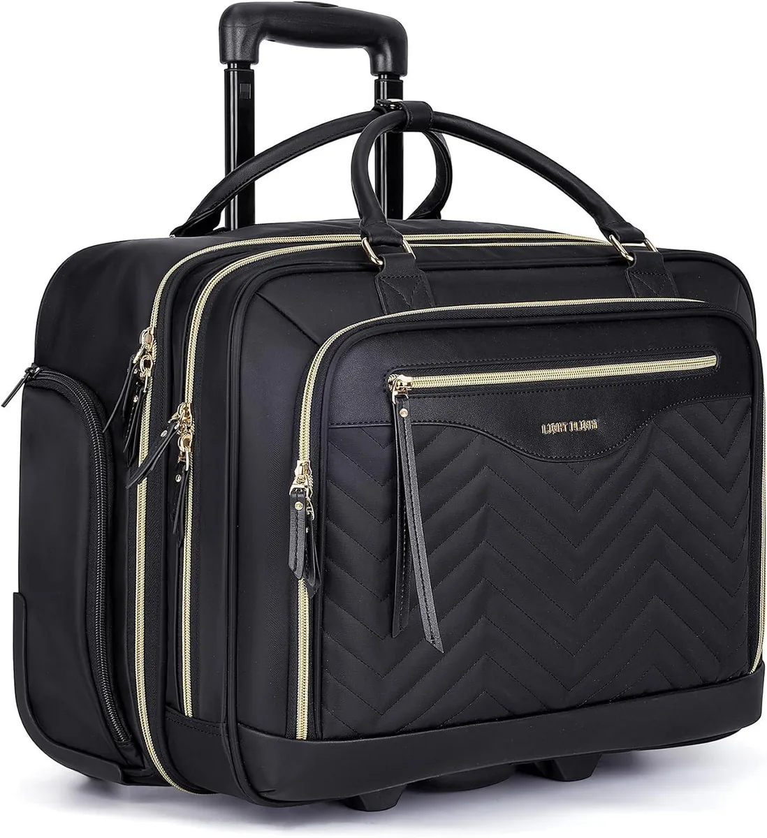 Black rolling laptop bag with telescoping handle and wheels, padded 17.3-inch laptop compartment, leather carry handles, side pockets