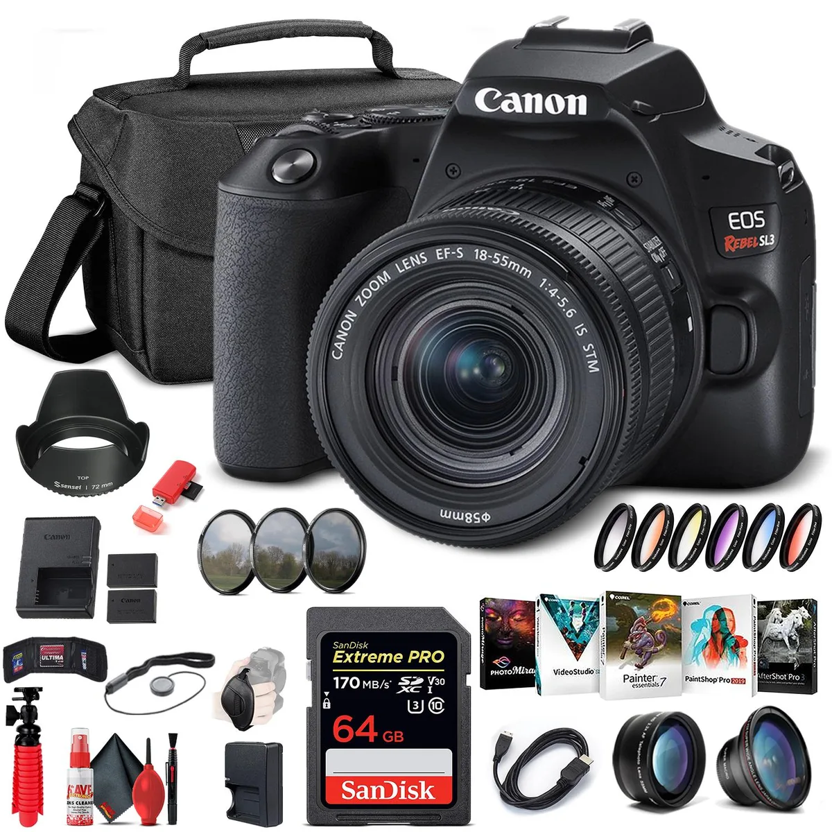 Canon Canon EOS Rebel SL3 DSLR camera 18-55mm lens 64GB bundle (black) — product photo