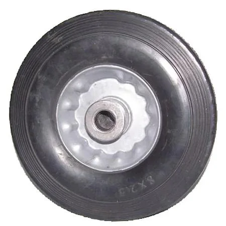 Black solid rubber wheel, ribbed tread, steel hub, 8 inch diameter