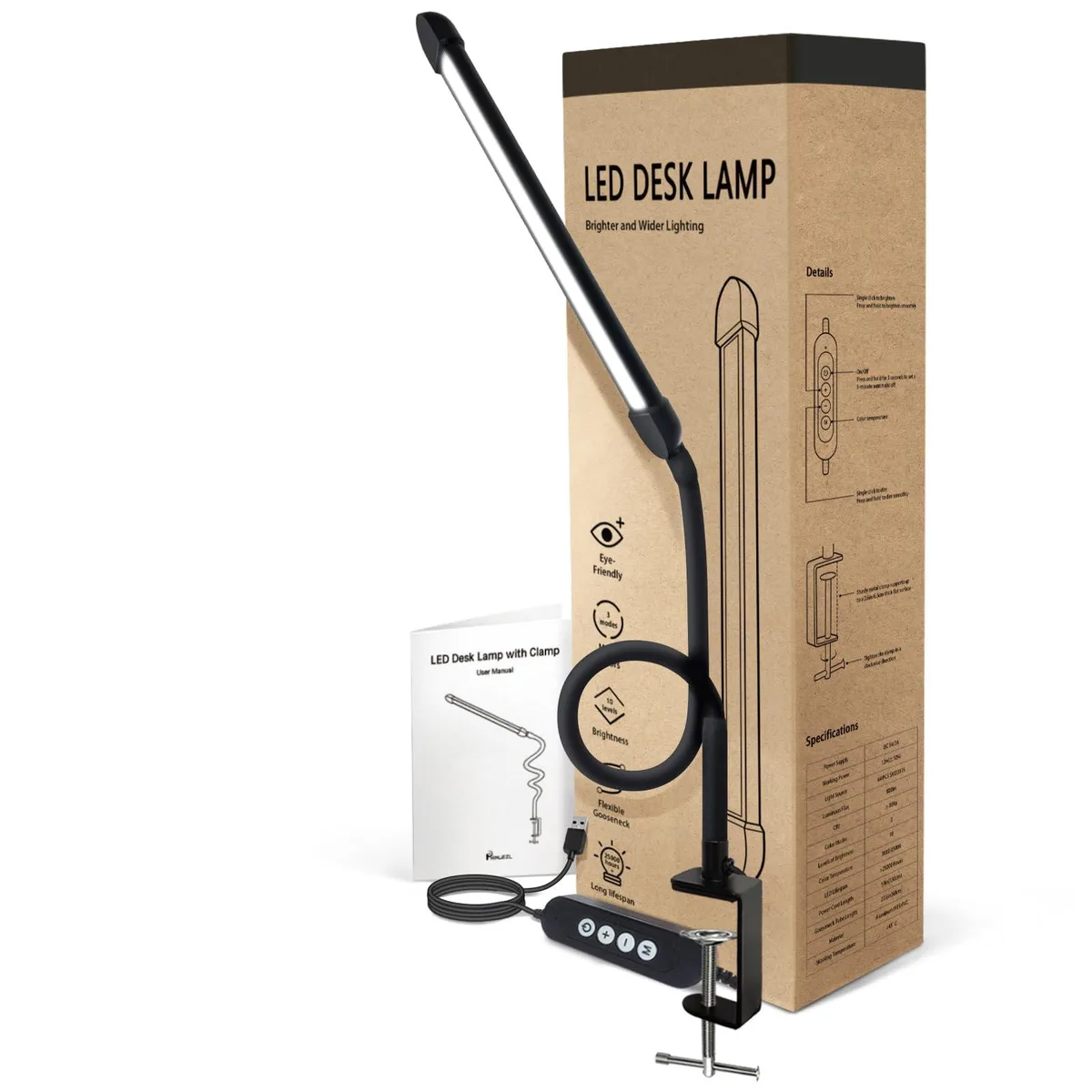Black matte desk lamp with clamp base, flexible gooseneck, 12W LED head
