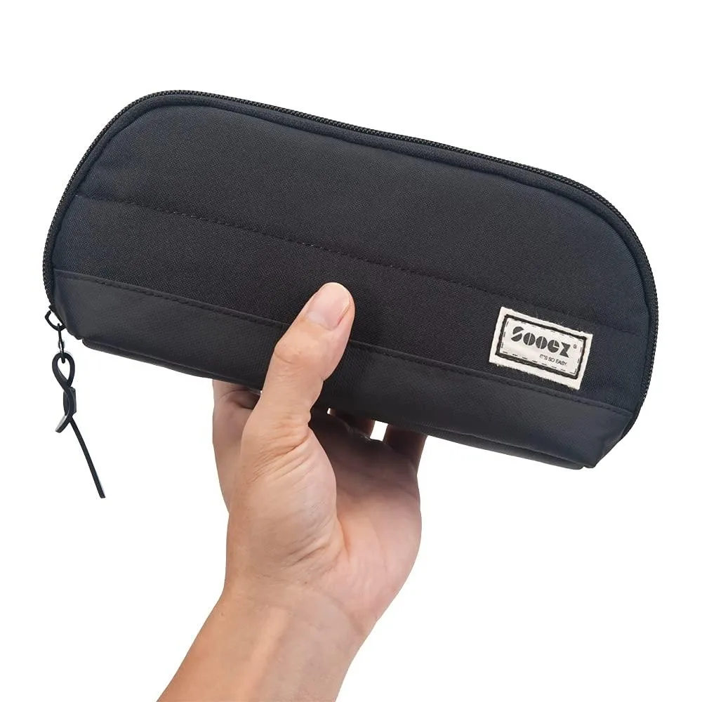 Black triangular pencil case standing upright, wide zipper opening, polyester fabric, mesh pockets visible inside