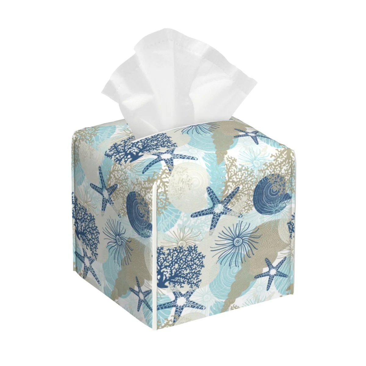 Square PVC leather tissue box cover with coral and seashell print, 5.2 inches each side