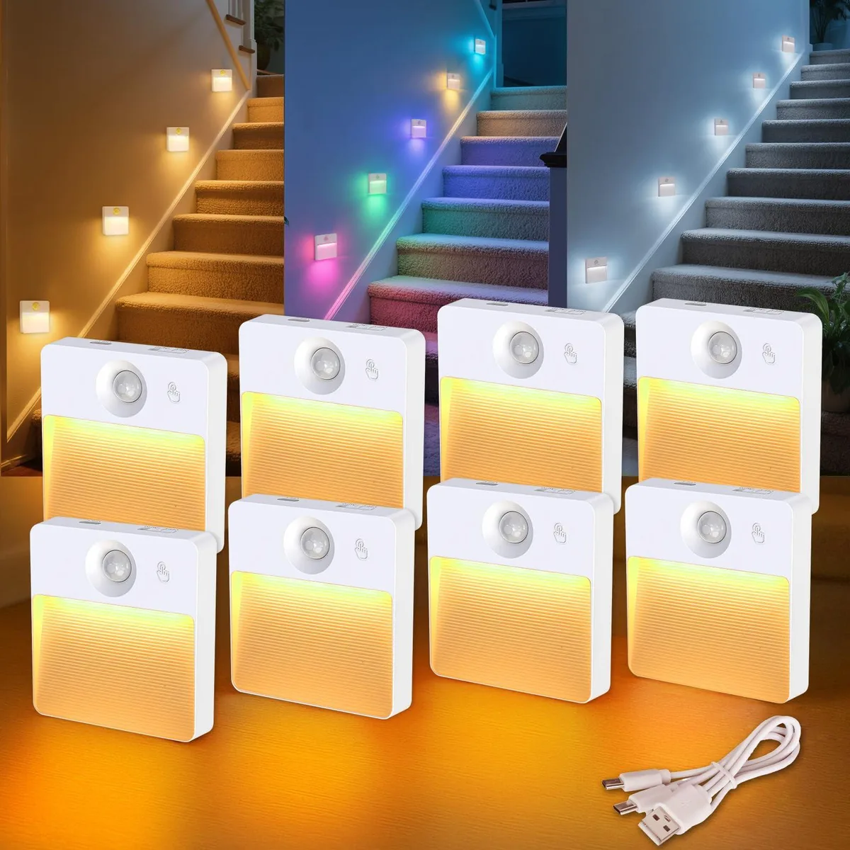 Eight small white rectangular LED lights with magnetic backing and USB-C ports