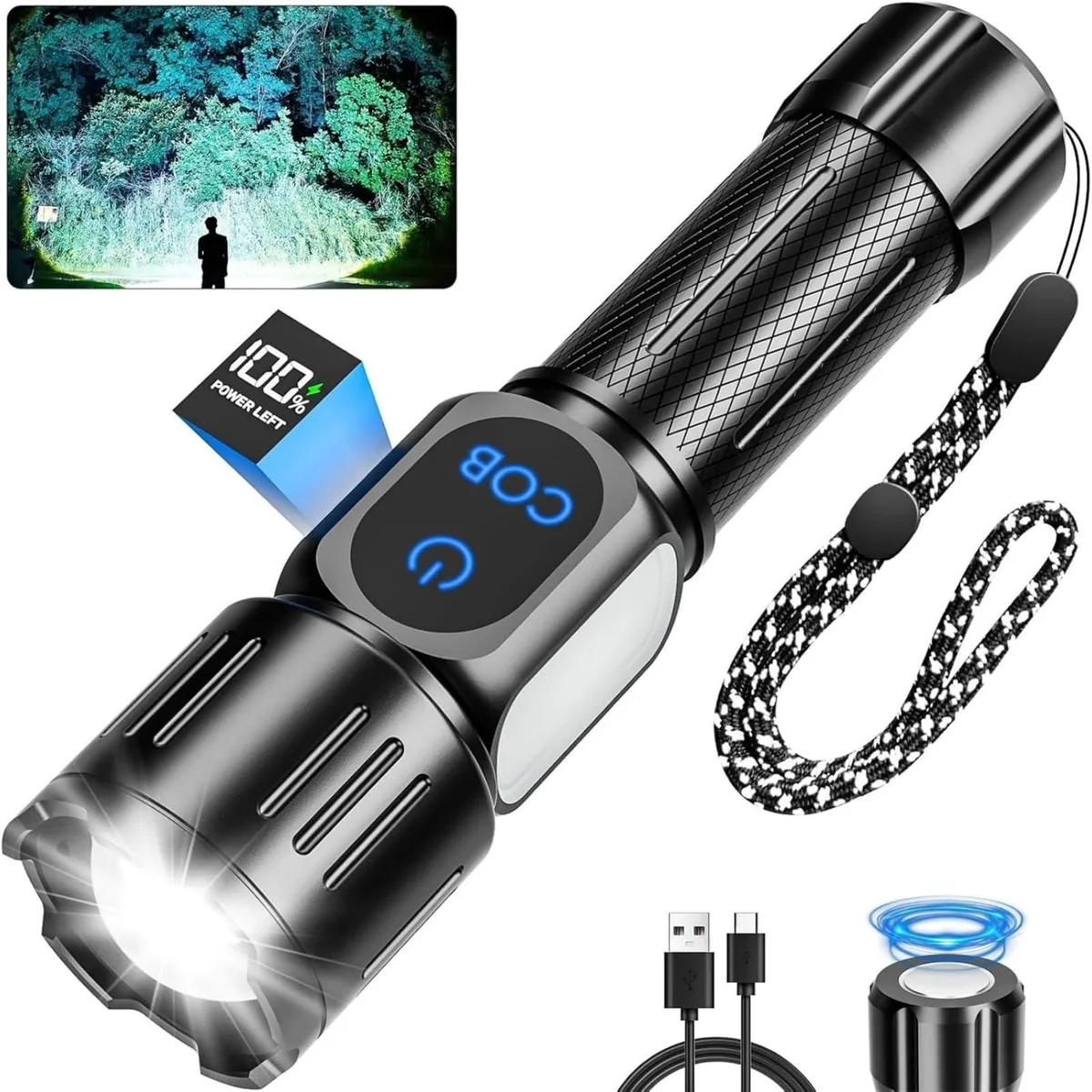 Black cylindrical flashlight with magnetic tail cap and LCD display