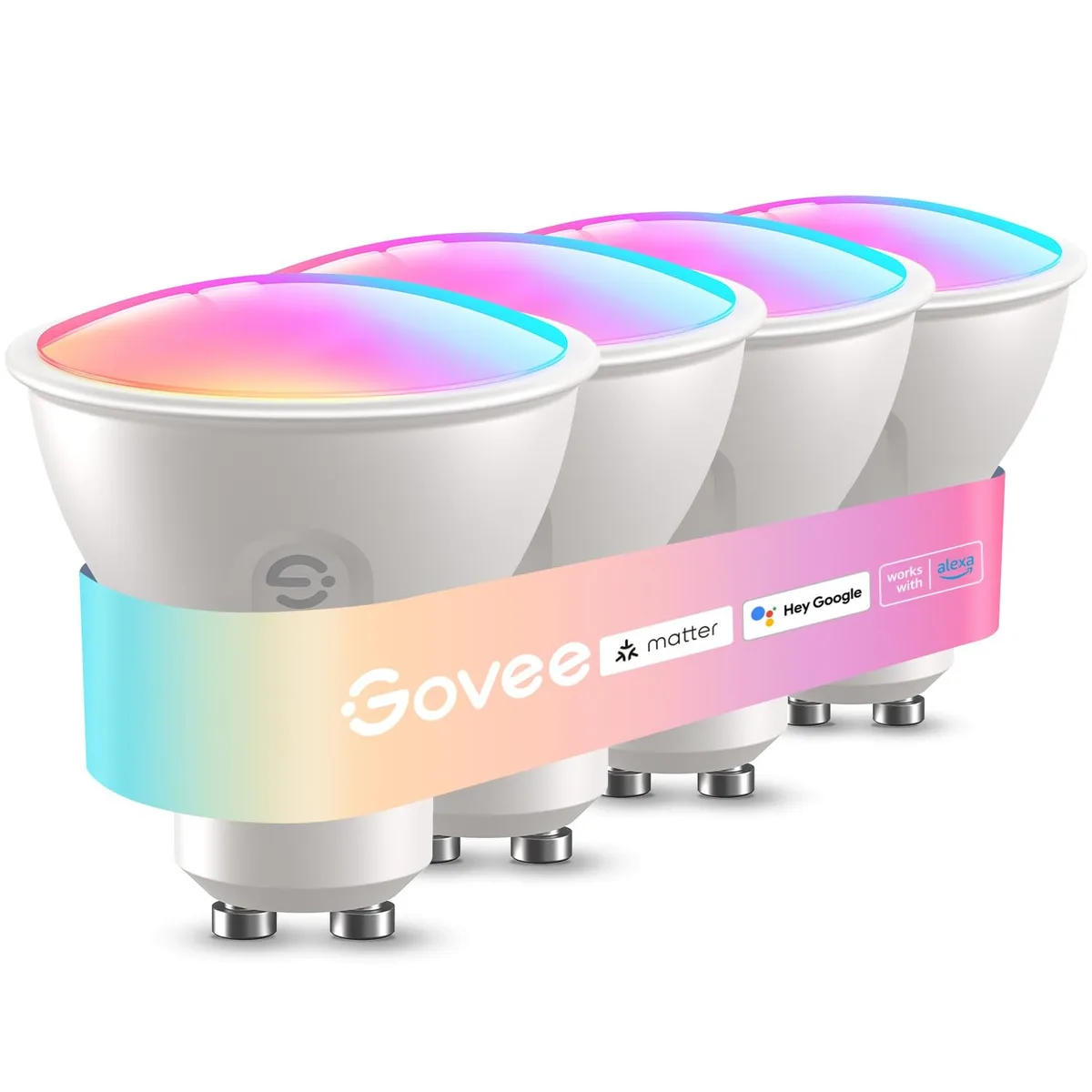 Four small GU10 LED bulbs with silver bases and white plastic tops in a row