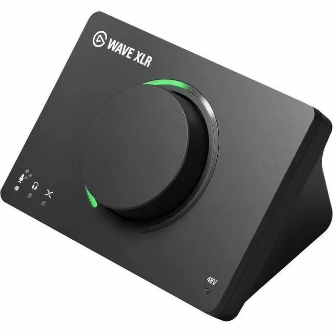 Compact desktop audio mixer with matte black finish, large silver control knob, XLR input and touch-sensitive mute button