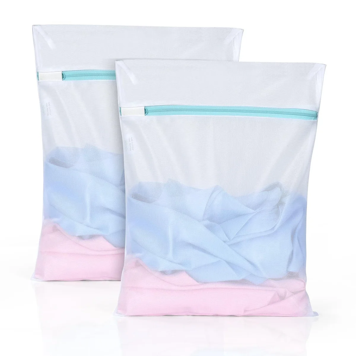 Two grey mesh laundry bags with metal zippers and elastic bands, 12 by 16 inches