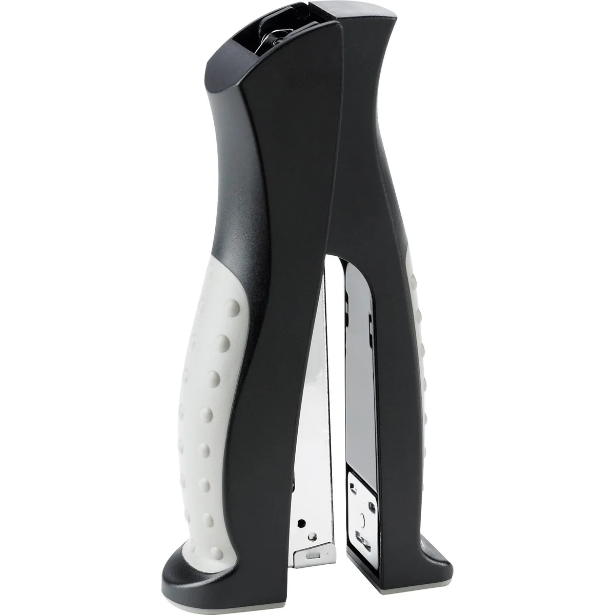 Black vertical desktop stapler with ergonomic stand-up design, metal construction, comfort hand grips
