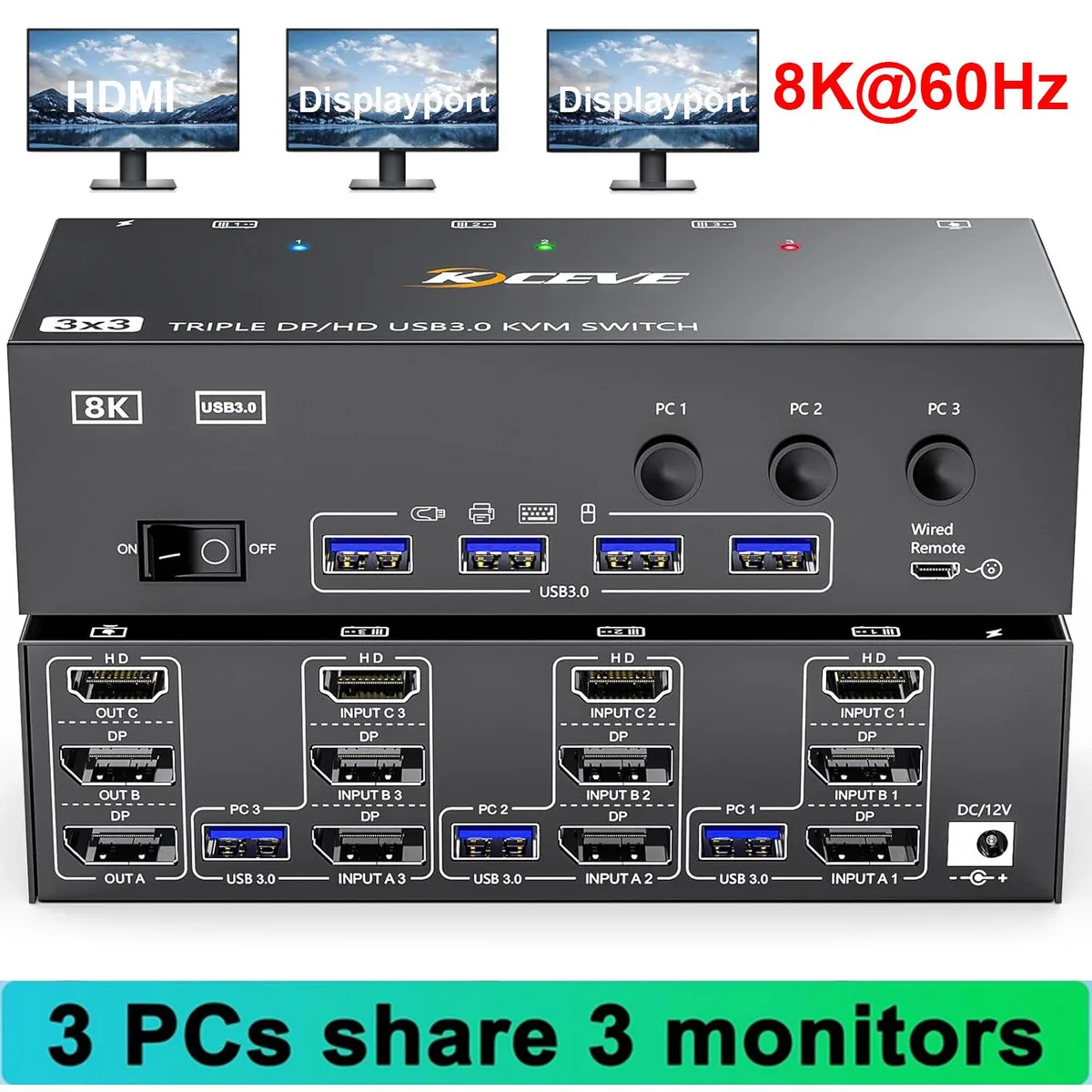 IHDAPP IHDAPP 3-Port Triple Monitor KVM Switch 8K@60Hz HDMI 2x DisplayPort 4x USB 3.0 — product photo