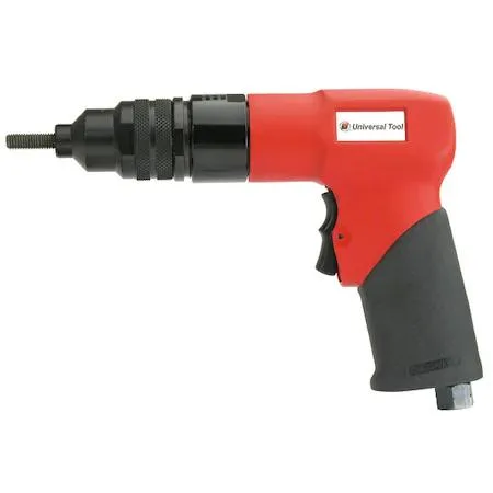 Silver pneumatic rivet tool with paddle trigger and ergonomic grip