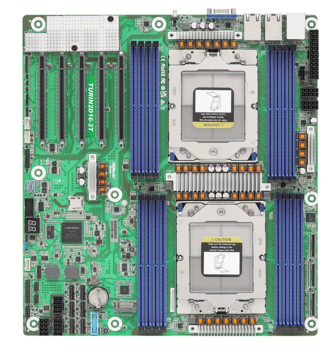 ASRock Rack ASRock Rack TURIN2D16-2T server motherboard EPYC 9005/9004 DDR5 16 DIMM 2×10GbE — product photo