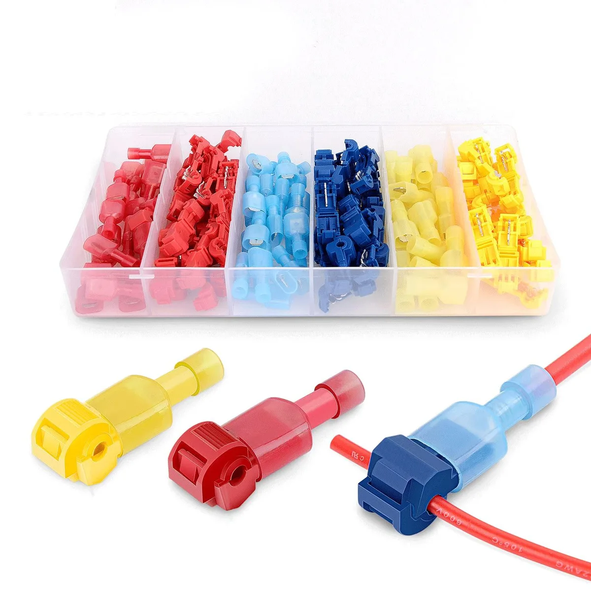 Clear box containing 120 black nylon T-tap connectors and male spade terminals