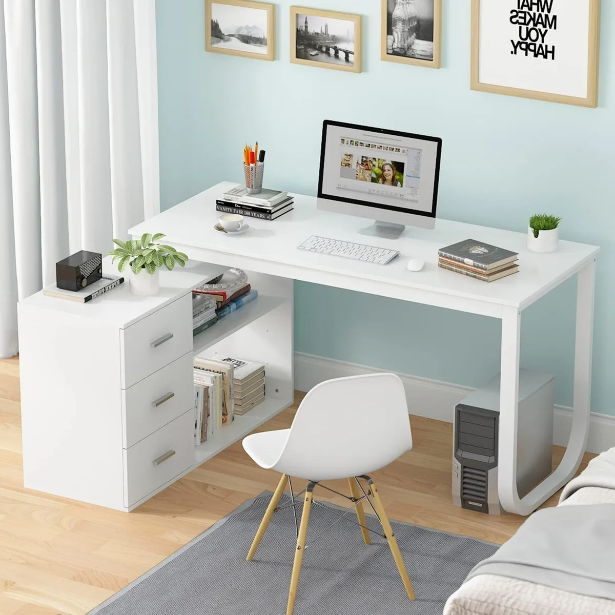 BFKK BFKK 55" L-Shaped Corner Desk with 3 Drawers &amp; 2 Shelves White — product photo