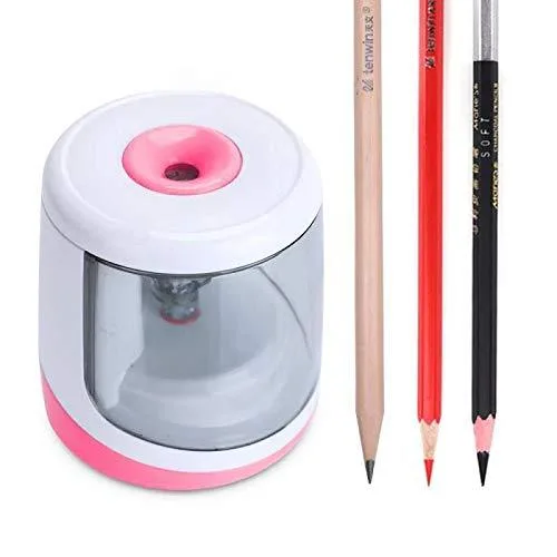 Pink plastic battery powered electric pencil sharpener with shavings tray