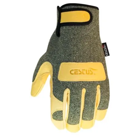 Pair of large grey welding gloves with leather palms and reinforced knuckles