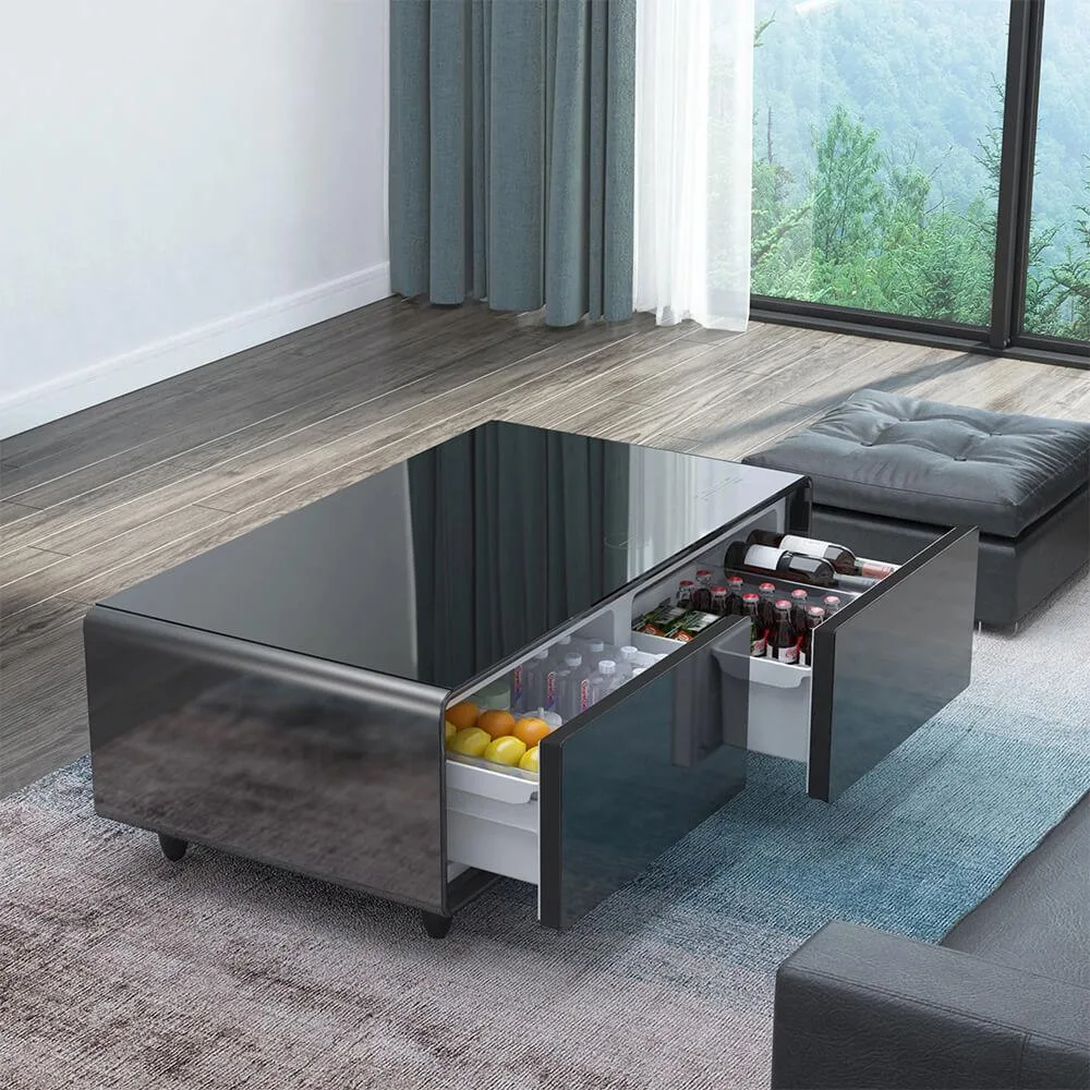 Rectangular coffee table with glass top, built-in fridge drawers, speakers and charging ports