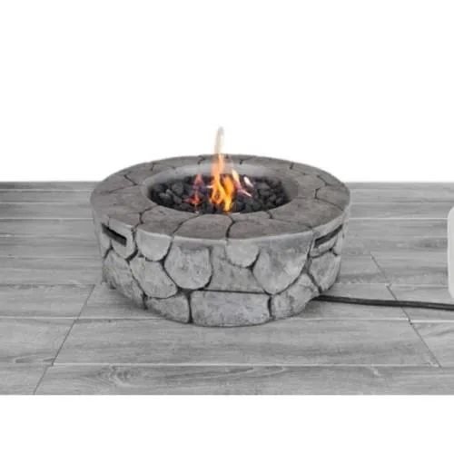 Stone gray fiber reinforced concrete fire pit, 28 inches wide, push-button ignition
