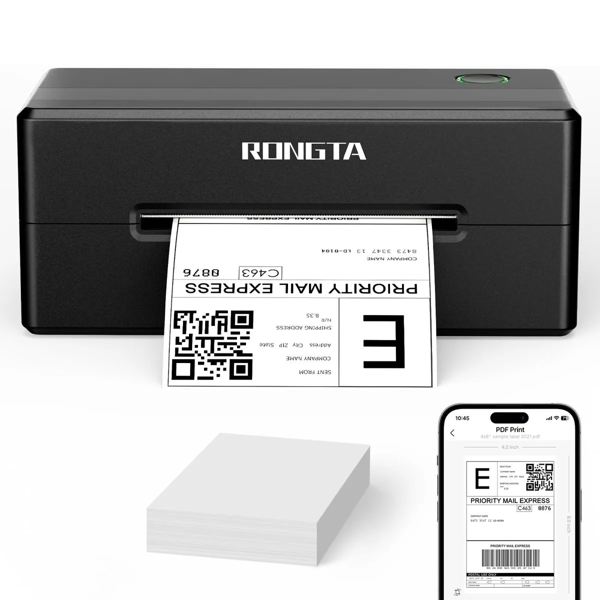 Black rectangular thermal label printer with rounded edges and a top label roll compartment