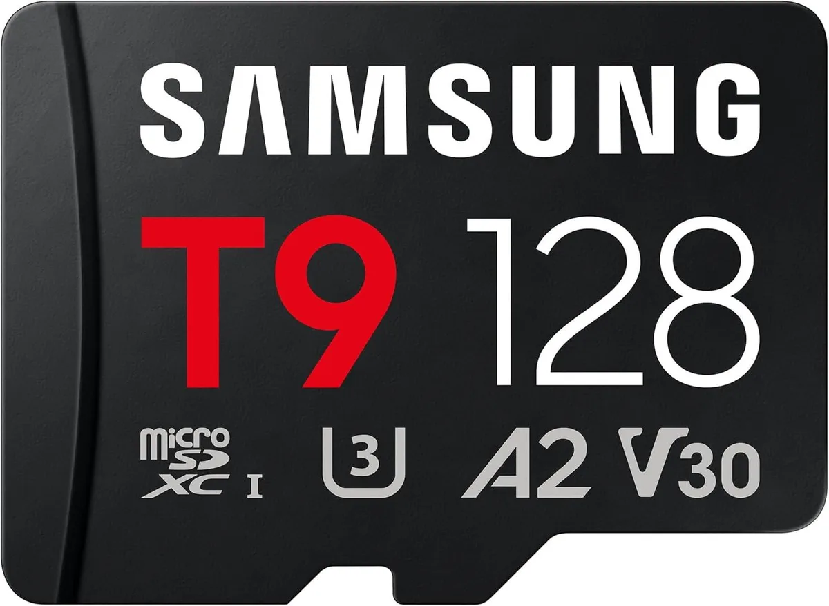 Tiny black microSD card with matching USB reader on white background