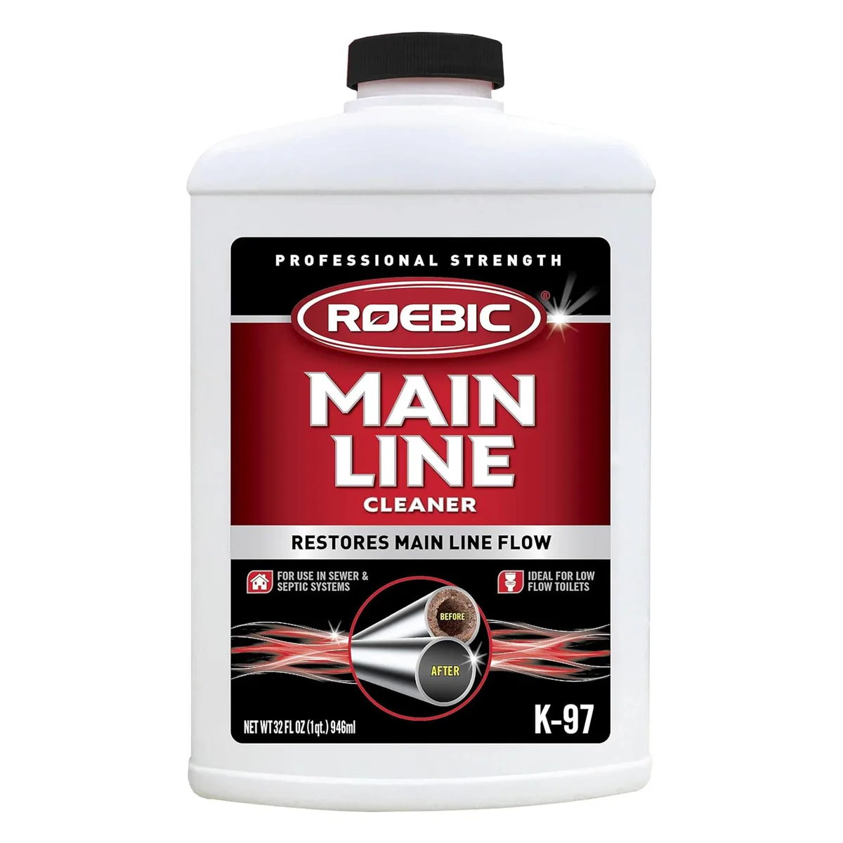 White 32 fl oz bottle of Metra K-97-Q liquid main line cleaner