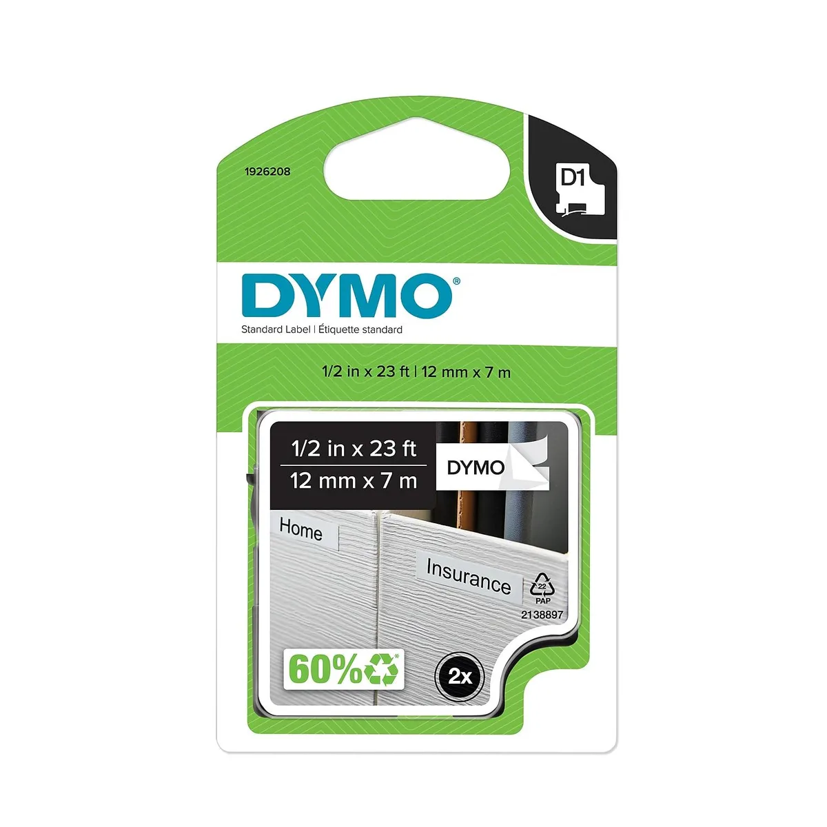 Sanford Sanford DYMO D1 1926208 Label Tape .5W 23ft White 2-pack — product photo