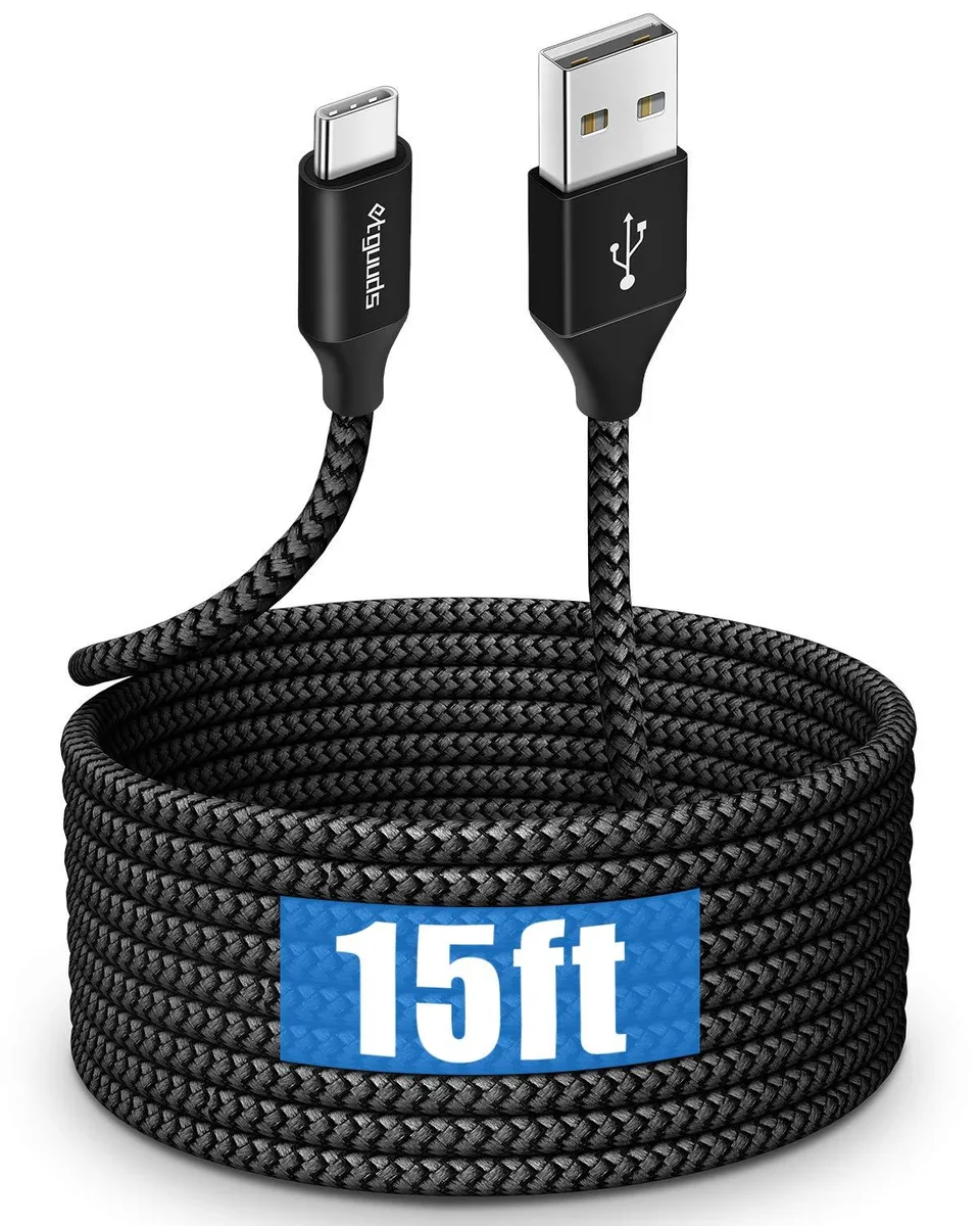 Black nylon braided USB-A to USB-C cable, 15 ft, male-to-male connectors