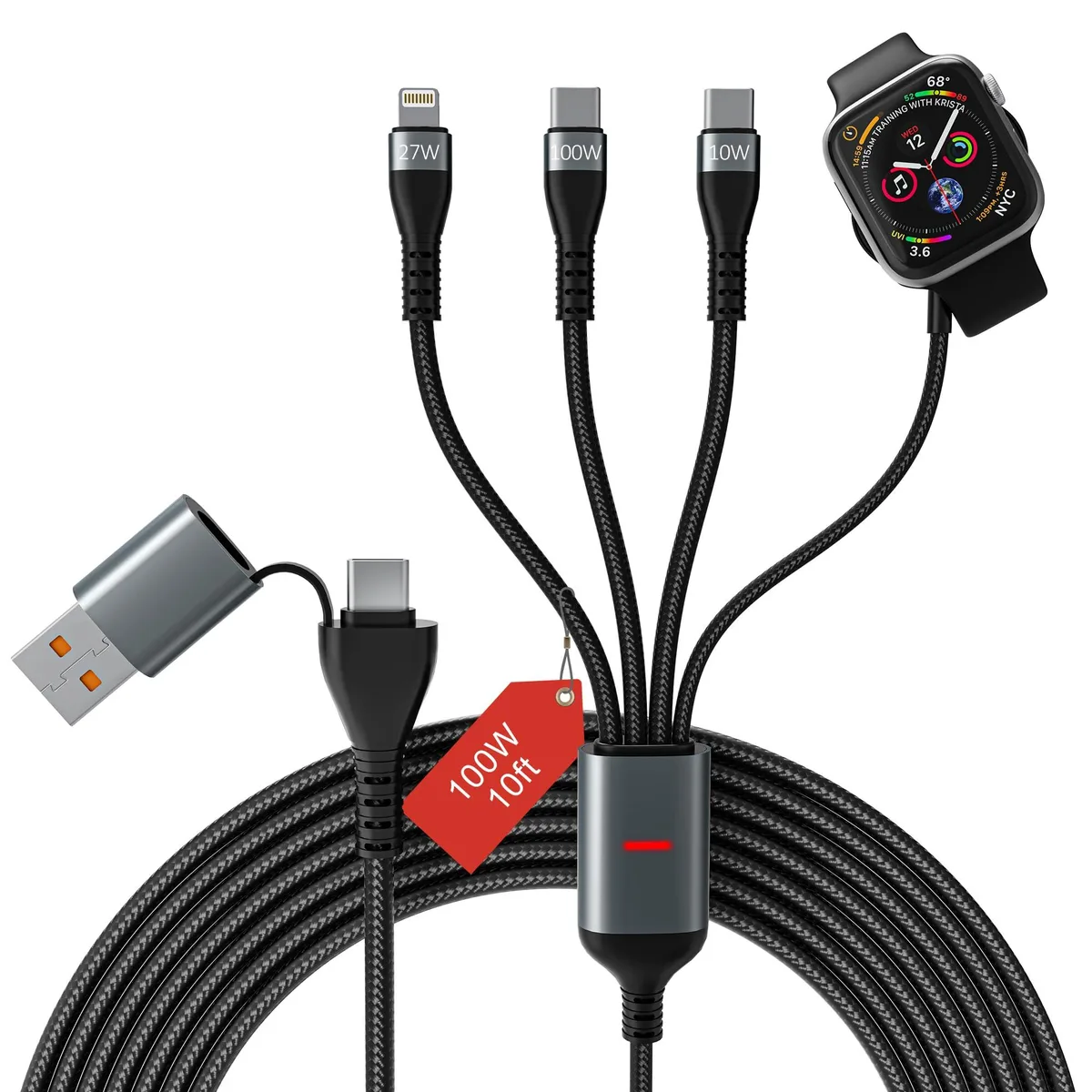  Bawanfa Plus 10ft 4-in-2 Multi Charging Cable with Dual USB-C 100W/10W Lightning Apple Watch Braided Black — product photo