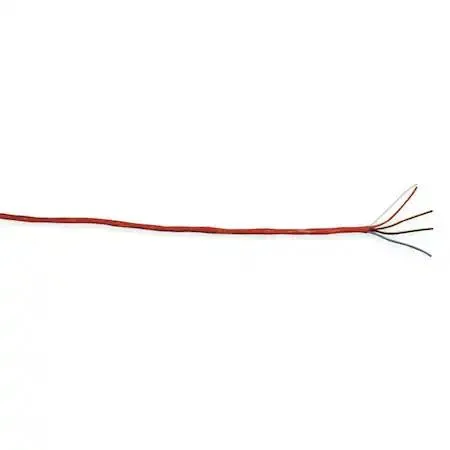 Red PVC-jacketed solid 16 AWG 4-conductor plenum fire alarm cable on reel in box