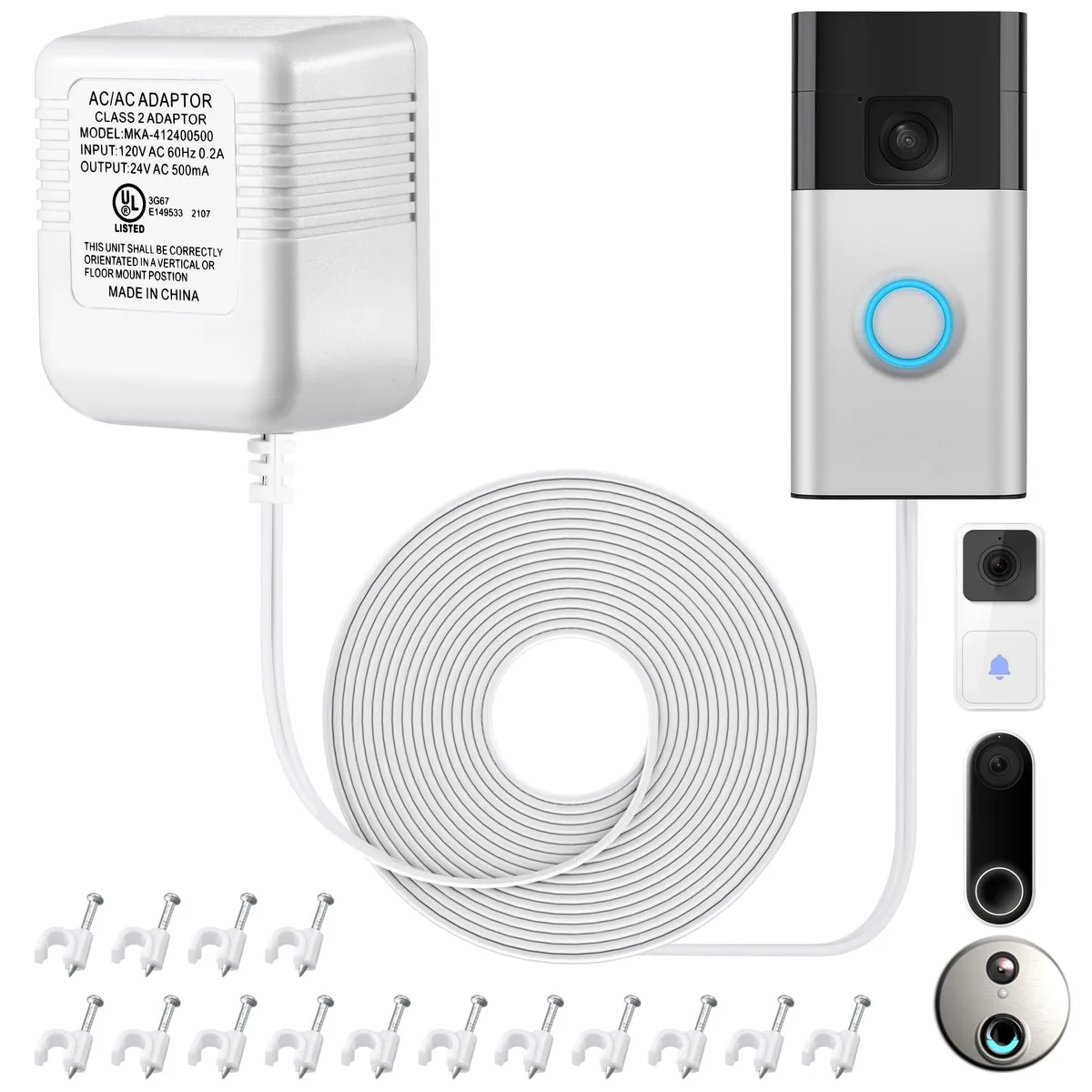  Dreyoo 24V 500mA Doorbell Transformer Adapter 22.96ft with 48 Cable Clips — product photo