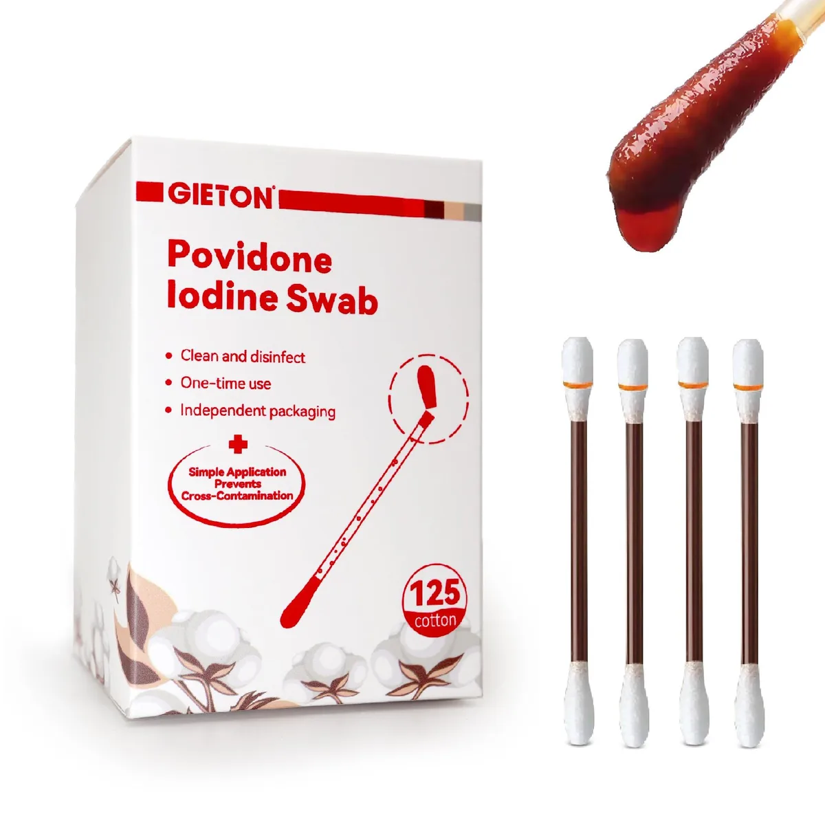 Blue rectangular box containing 125 povidone-iodine swabsticks