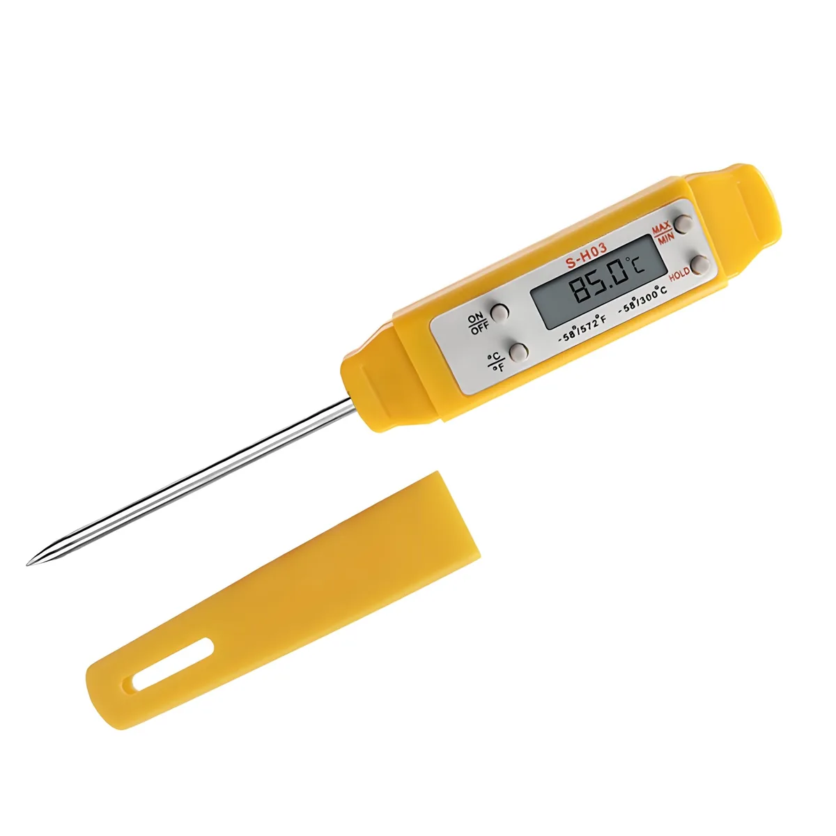Yellow pen-style digital food thermometer with stainless steel probe