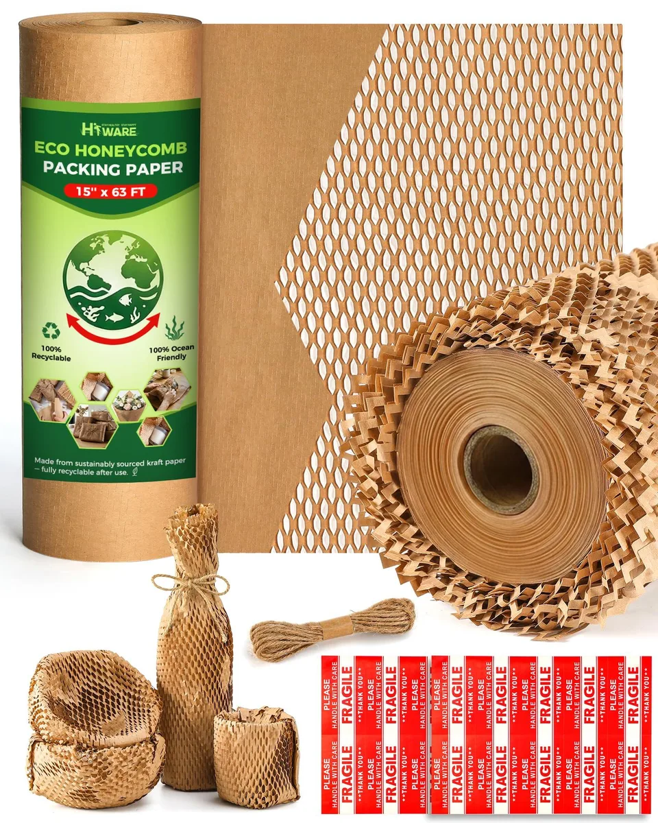 Roll of natural honeycomb packing paper with jute twine and fragile stickers