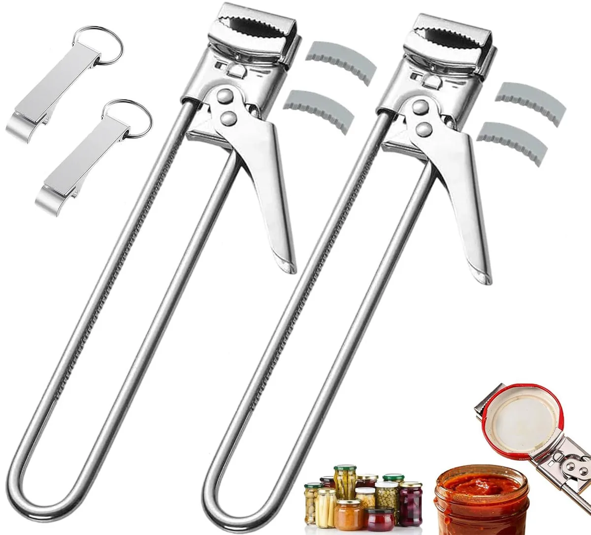 Two silver stainless steel jar openers, each 19 by 3.3 centimetres, with adjustable grips and a keychain tool