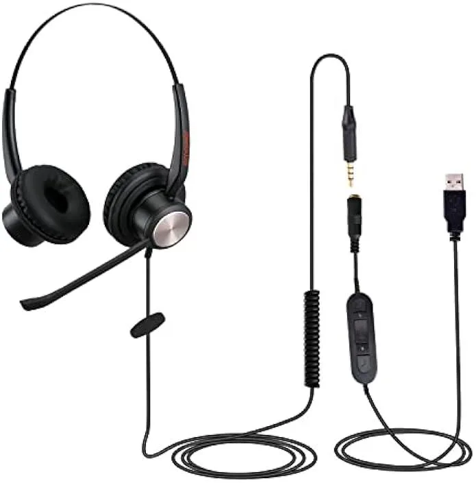 usbroway usbroway Wired USB Headset 3.5mm USB-A Noise Cancelling Mic 330° Rotatable Arm — product photo