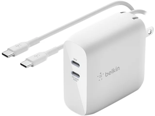 Belkin Belkin WCH003DQ2MWH-B6 68W Dual USB-C GaN Wall Charger 6.5 ft Cable — product photo