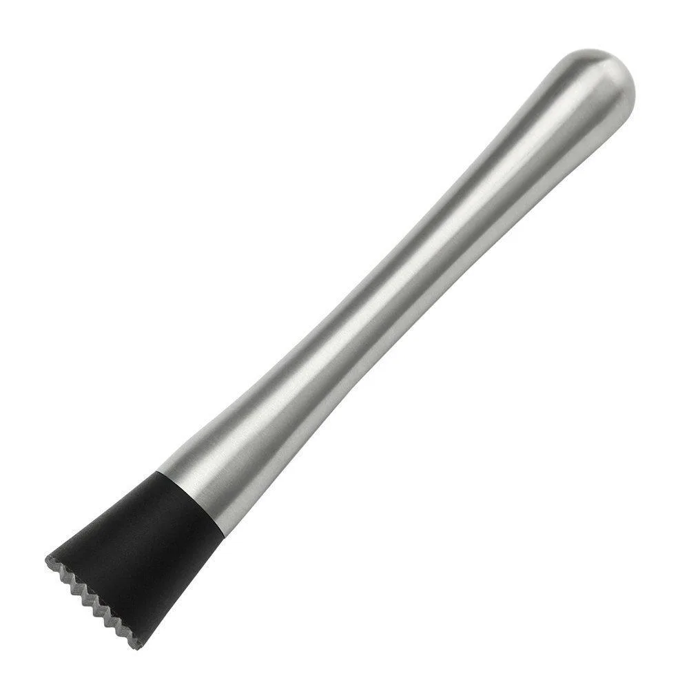 Seven stainless steel cocktail muddlers with floral design and grooved nylon heads