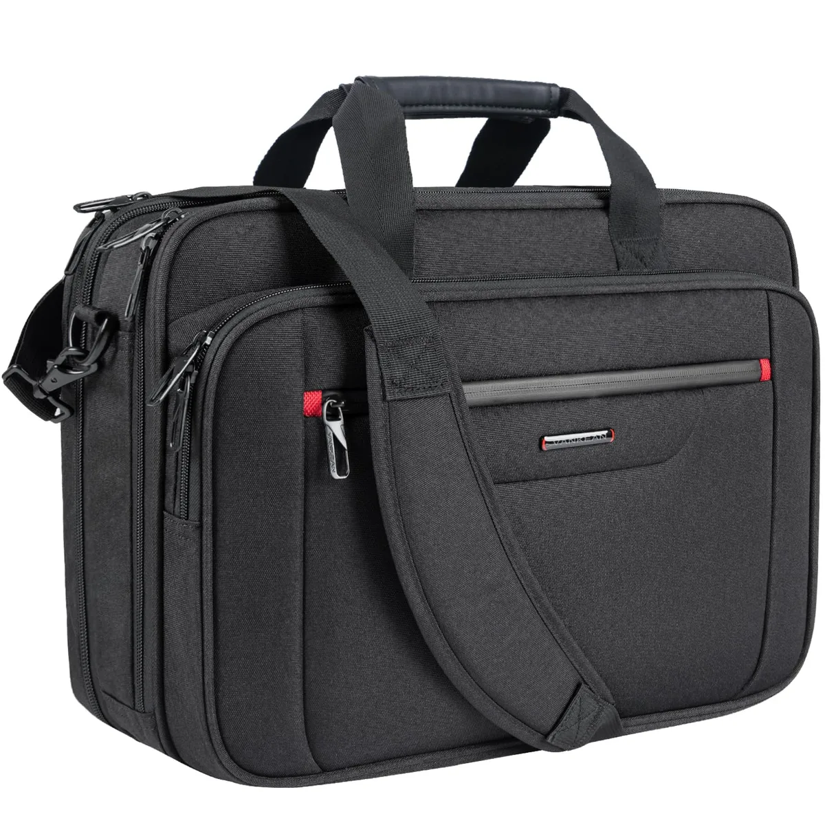 Black-red rectangular briefcase with single handle and adjustable shoulder strap, expandable depth from 7.5 to 9.5 inches