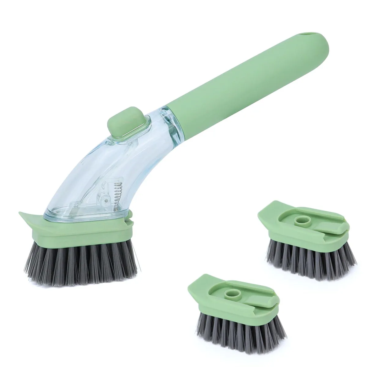 Light green soap dispensing dish brush with clear body and replaceable heads