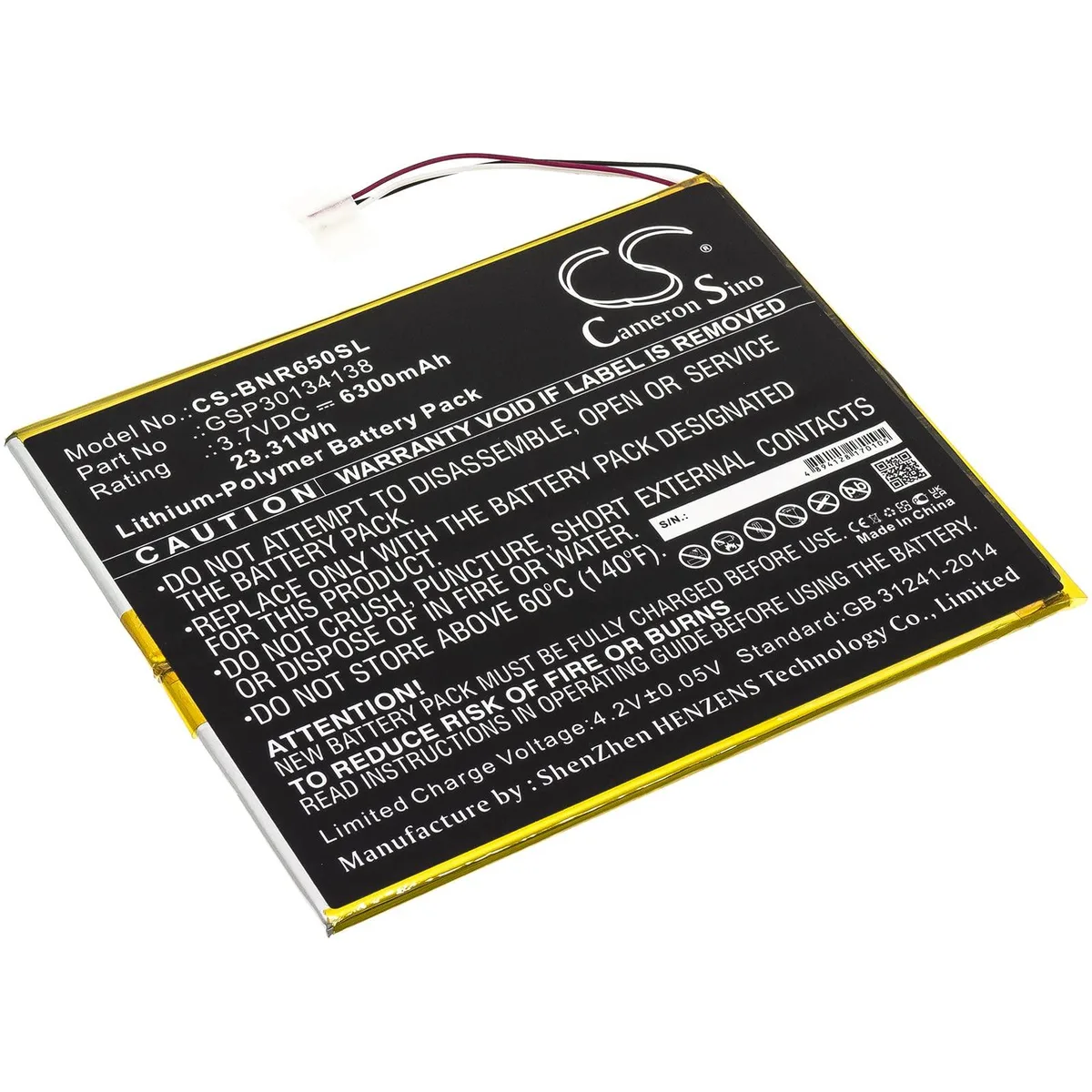 Cameron Sino Battery for Barnes & Noble BNTV650 Nook 10.1 6300mAh 3.8V GSP30134138 — product photo