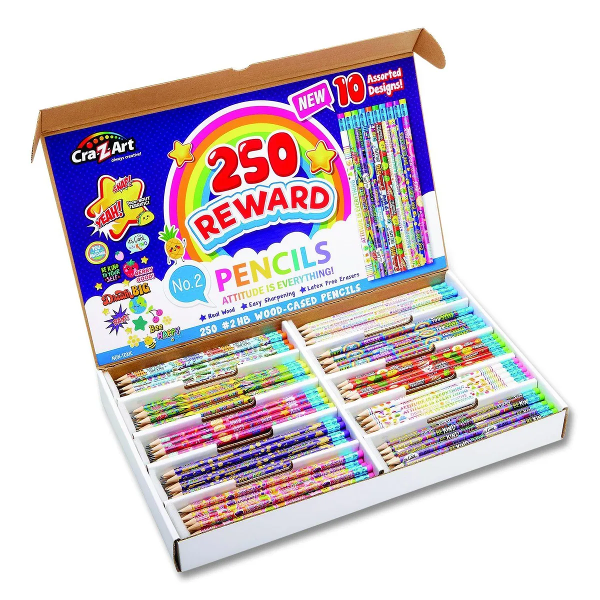 Box of 250 yellow #2 pencils with ten assorted motivational barrel designs
