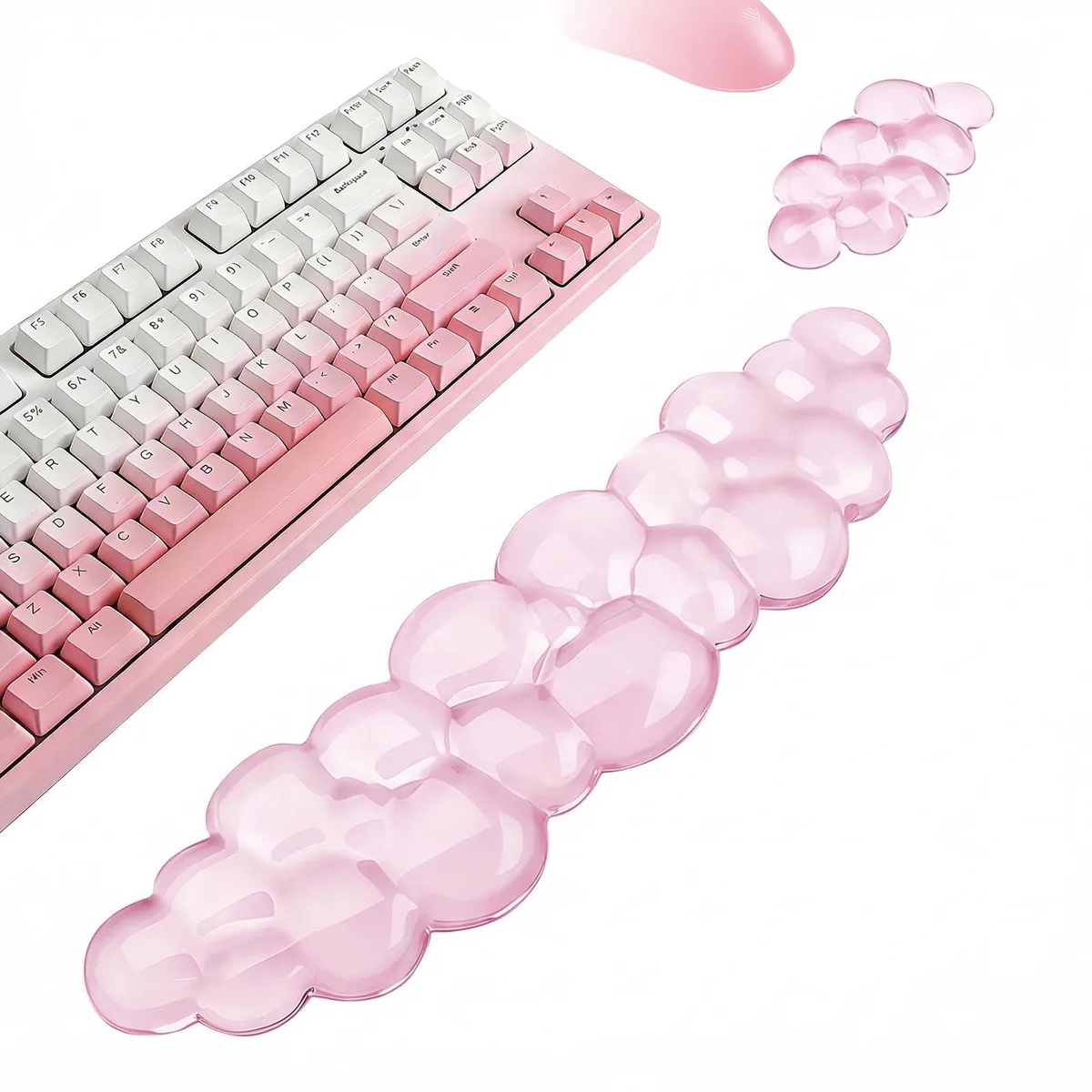 Pink cloud-shaped gel wrist rest set for keyboard and mouse, translucent finish, smooth contoured surface with non-slip base